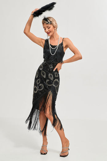 Black Spaghetti Straps 1920s Great Gatsby Fringed Flapper Dress