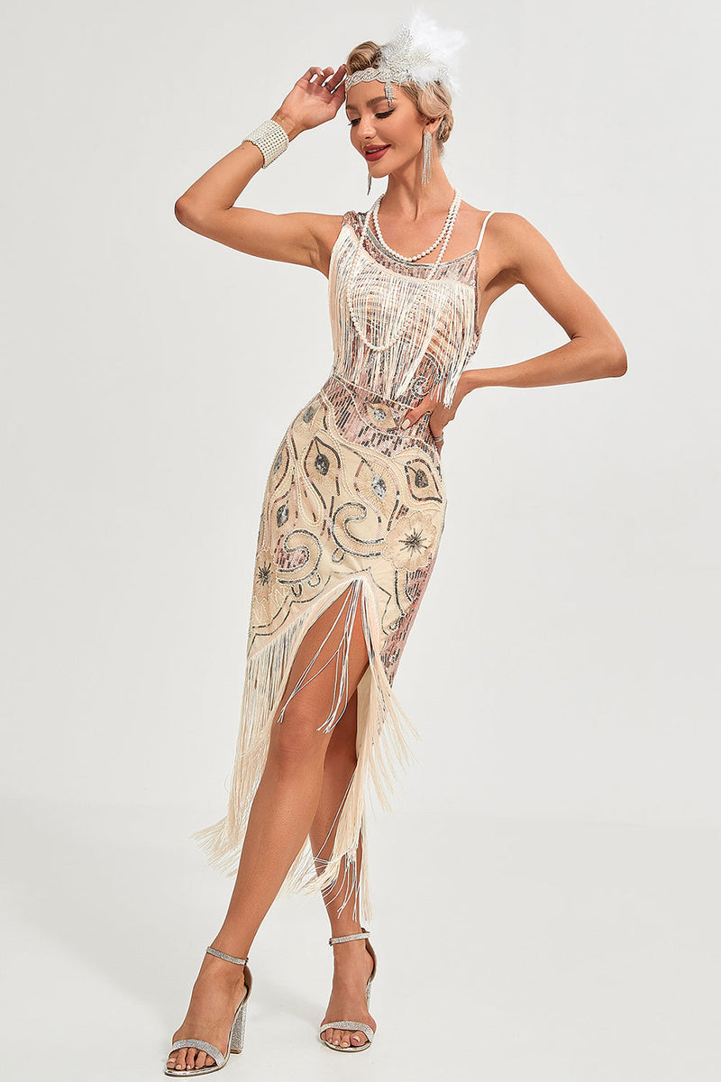 Load image into Gallery viewer, Queendancer Women Sparkly Roaring 20s Great Gatsby Dress Champagne Gatsby Fringed Flapper Dress Spaghetti Straps 1920s Dress