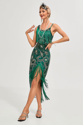 Queendancer Women Sparkly Roaring 20s Great Gatsby Dress Green Gatsby Fringed Flapper Dress Spaghetti Straps 1920s Dress