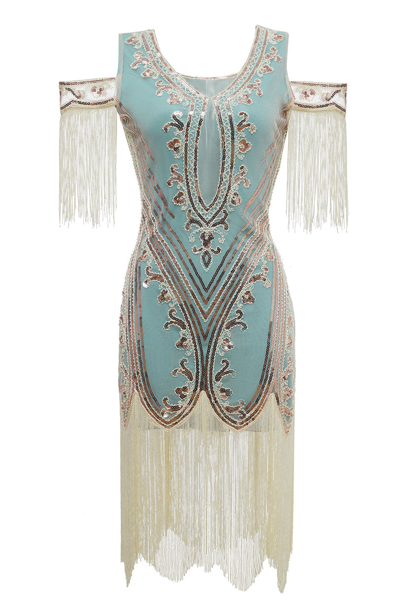 Load image into Gallery viewer, Green Sheath Off the Shoulder Sequins 1920s Dress With Tassels