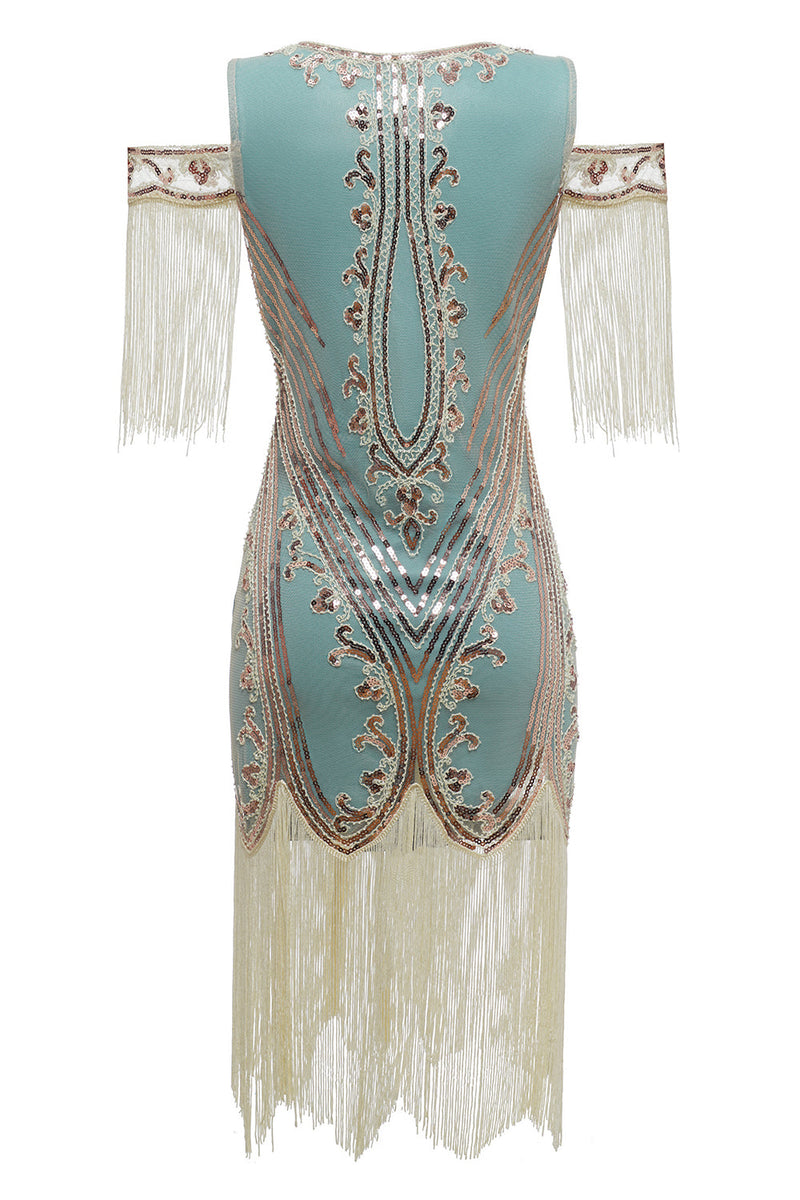 Load image into Gallery viewer, Green Sheath Off the Shoulder Sequins 1920s Dress With Tassels