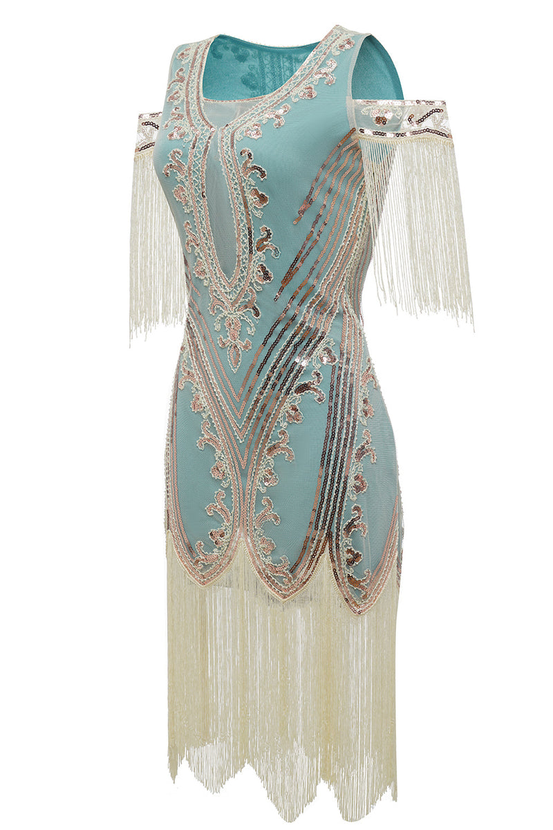 Load image into Gallery viewer, Green Sheath Off the Shoulder Sequins 1920s Dress With Tassels