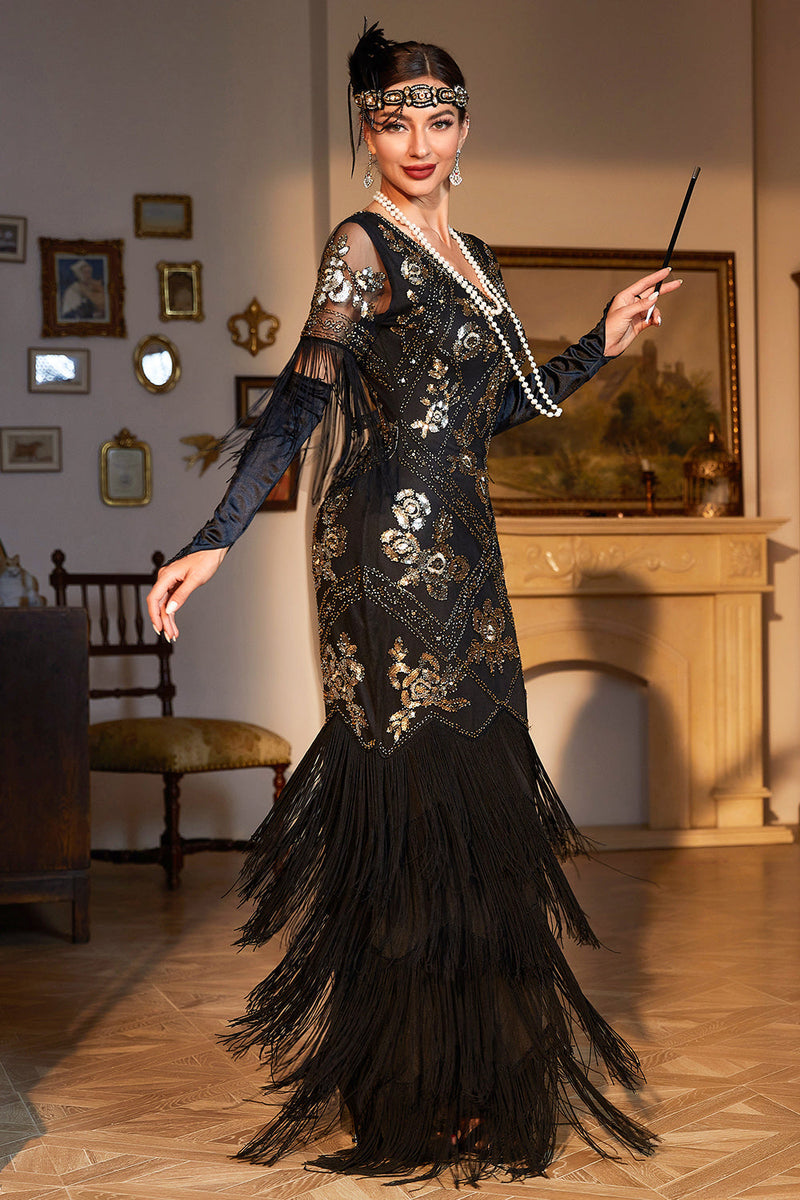 Load image into Gallery viewer, Sheath V Neck Dark Green Sequins Long 1920s Flapper Dress with Fringes