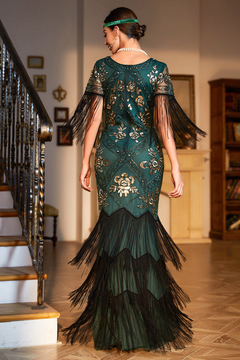 Load image into Gallery viewer, Sheath V Neck Dark Green Sequins Long 1920s Flapper Dress with Fringes