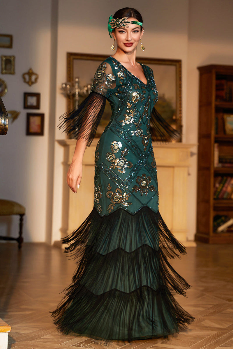 Load image into Gallery viewer, Sheath V Neck Dark Green Sequins Long 1920s Flapper Dress with Fringes