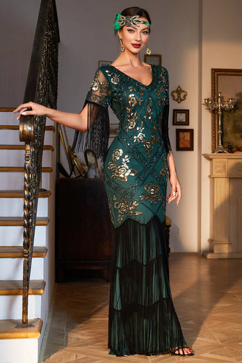 Sheath V Neck Dark Green Sequins Long 1920s Flapper Dress with Fringes