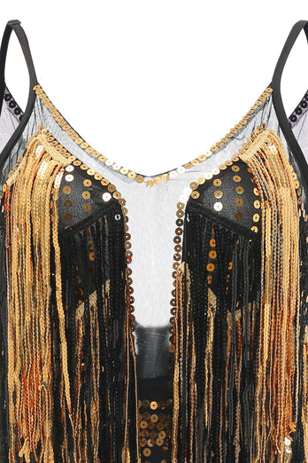 Black Golden Fringes 1920s Dress with Sequins