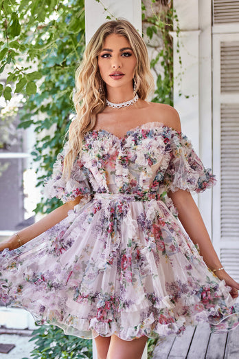 Dark Purple Off the Shoulder A Line Printed Cute Homecoming Dress