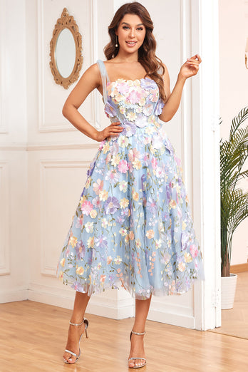 A Line Spaghetti Straps Blue Tea Length Prom Dress with 3D Flowers