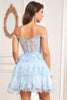 Load image into Gallery viewer, A Line Off the Shoulder Blue Corset Homecoming Dress with Lace