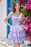 Sparkly Purple A-Line Lace Tiered Short Homecoming Dress