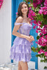 Load image into Gallery viewer, Sparkly Purple A-Line Lace Tiered Short Homecoming Dress