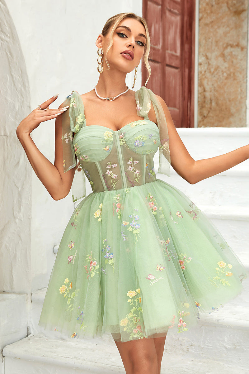 Load image into Gallery viewer, A Line Spaghetti Straps Green Short Homecoming Dress with Appliques