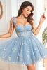 Load image into Gallery viewer, A Line Spaghetti Straps Grey Blue Short Homecoming Dress with Embroidery