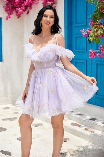 Lavender Corset A-Line Embroidered Tulle Short Homecoming Dress