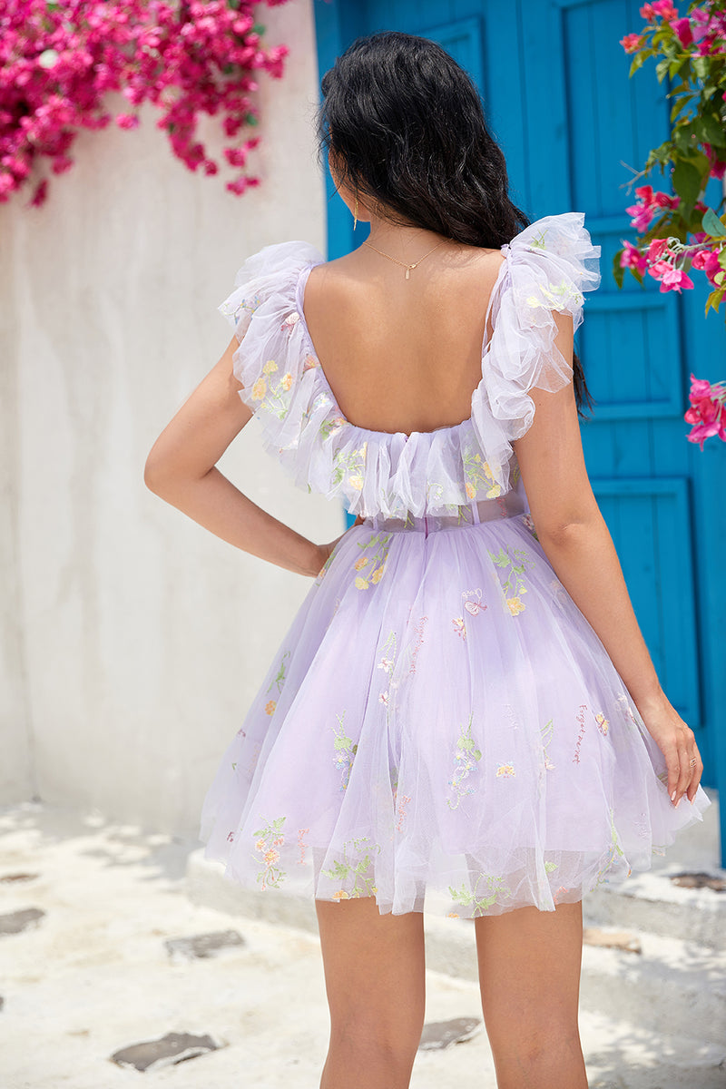 Load image into Gallery viewer, Lavender Corset A-Line Embroidered Tulle Short Homecoming Dress