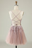 Load image into Gallery viewer, A Line Spaghetti Straps Blush Short Homecoming Dress with Criss Cross Back