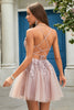 Load image into Gallery viewer, A Line Spaghetti Straps Blush Short Homecoming Dress with Criss Cross Back