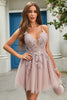 Load image into Gallery viewer, A Line Spaghetti Straps Blush Short Homecoming Dress with Criss Cross Back