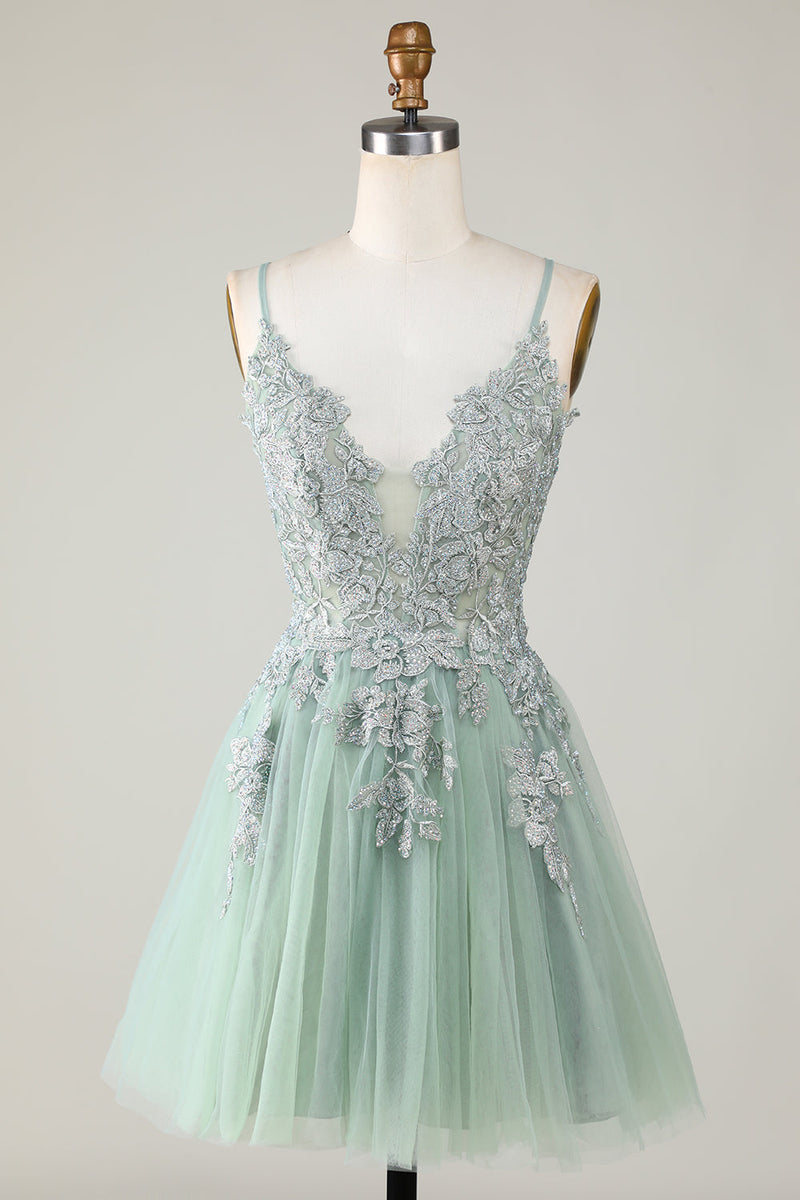 Load image into Gallery viewer, Stylish A Line Spaghetti Straps Green Short Homecoming Dress with Appliques