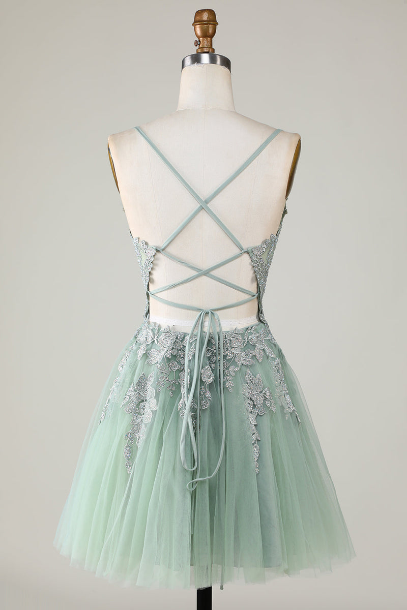 Load image into Gallery viewer, Stylish A Line Spaghetti Straps Green Short Homecoming Dress with Appliques