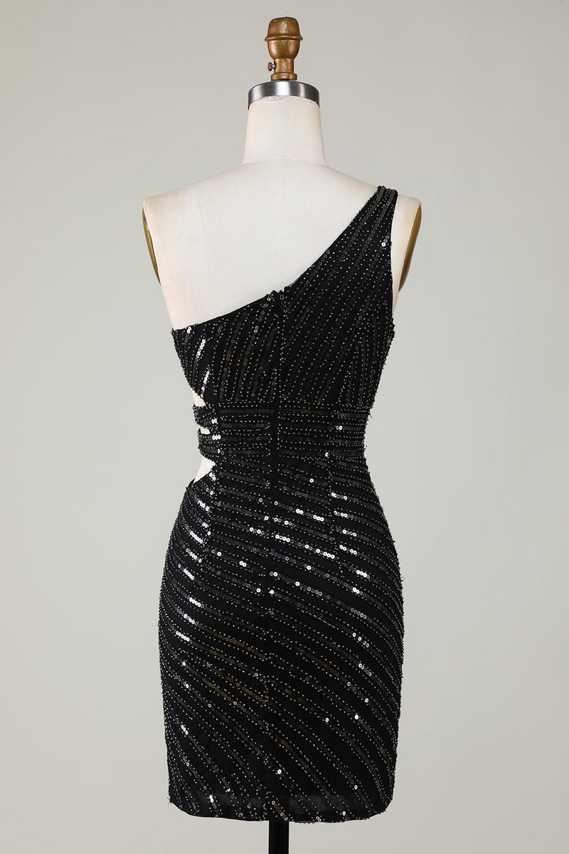 Load image into Gallery viewer, Sparkly Bodycon One Shoulder Black Sequins Short Homecoming Dress with Cut Out