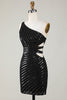 Load image into Gallery viewer, Sparkly Bodycon One Shoulder Black Sequins Short Homecoming Dress with Cut Out