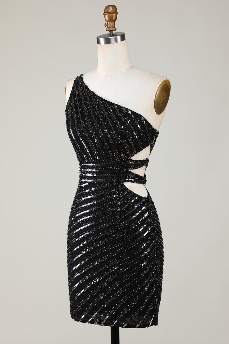 Load image into Gallery viewer, Sparkly Bodycon One Shoulder Black Sequins Short Homecoming Dress with Cut Out