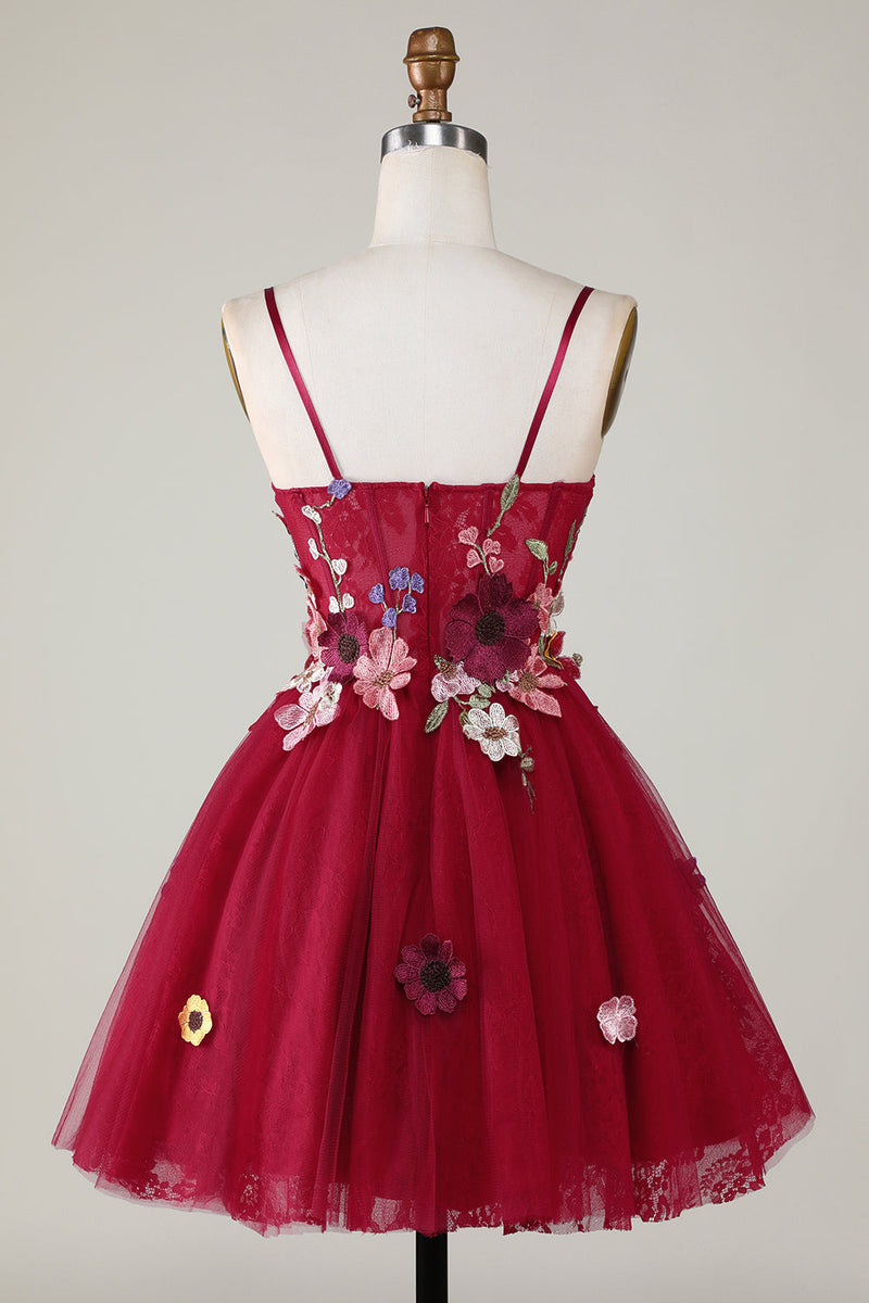 Load image into Gallery viewer, Gorgeous A Line Spaghetti Straps Burgundy Short Homecoming Dress with 3D Flowers