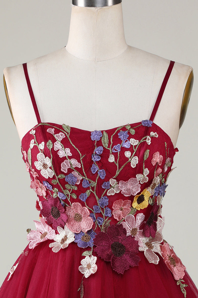 Load image into Gallery viewer, Gorgeous A Line Spaghetti Straps Burgundy Short Homecoming Dress with 3D Flowers