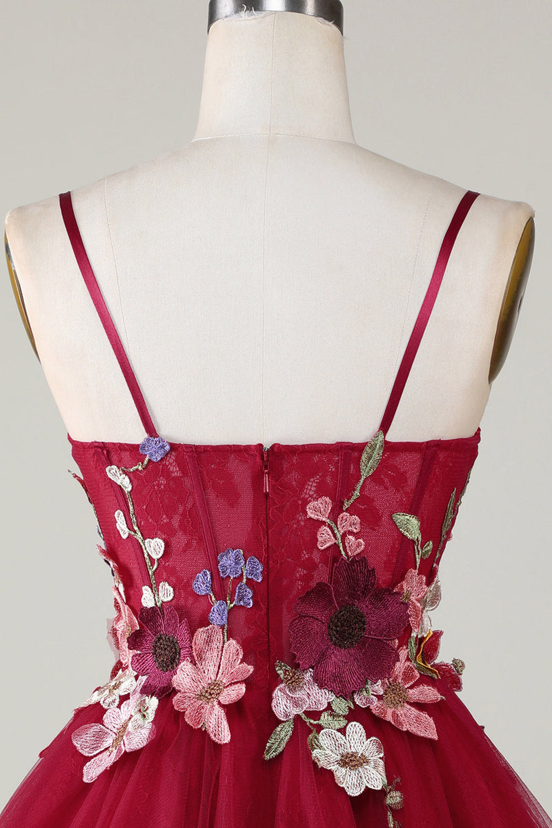 Load image into Gallery viewer, Gorgeous A Line Spaghetti Straps Burgundy Short Homecoming Dress with 3D Flowers