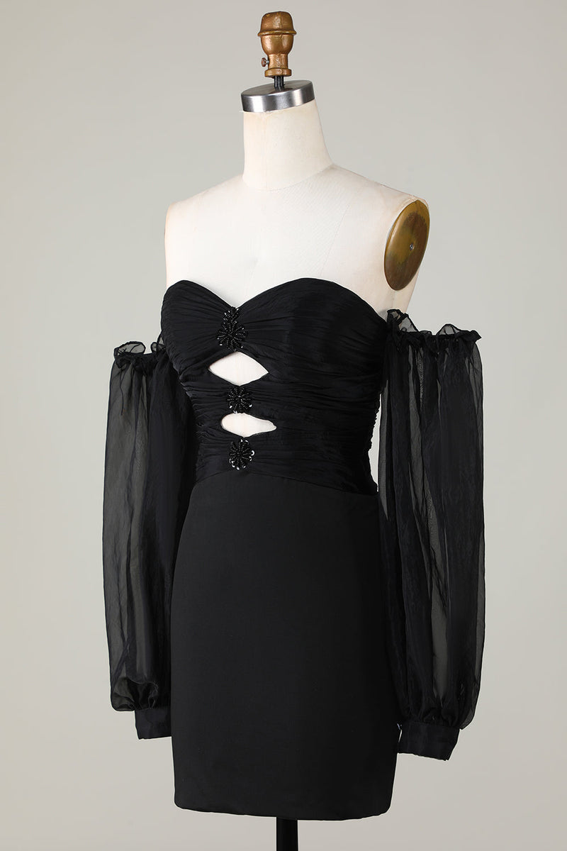 Load image into Gallery viewer, Off The Shoulder Keyhole Black Homecoming Dress with Beading