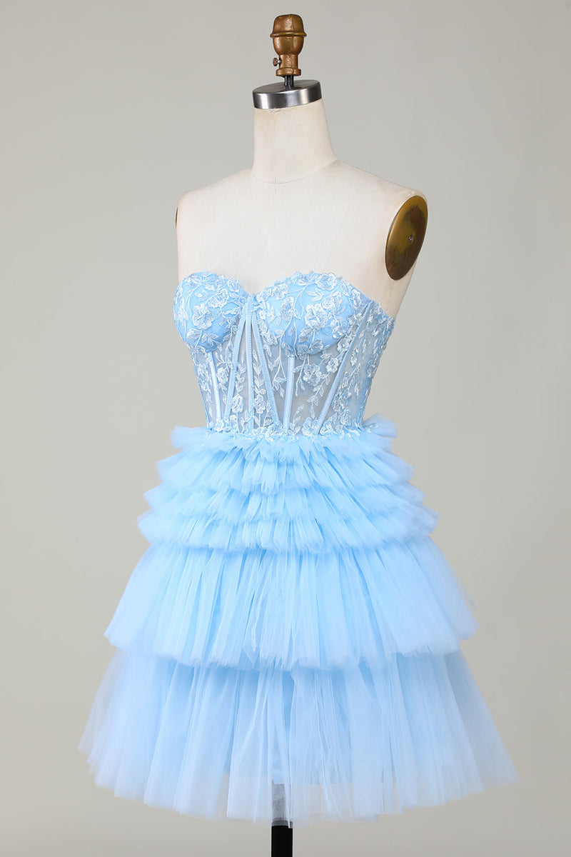 Load image into Gallery viewer, Cute A-Line Sweetheart Blue Corset Short Homecoming Dress with Ruffles