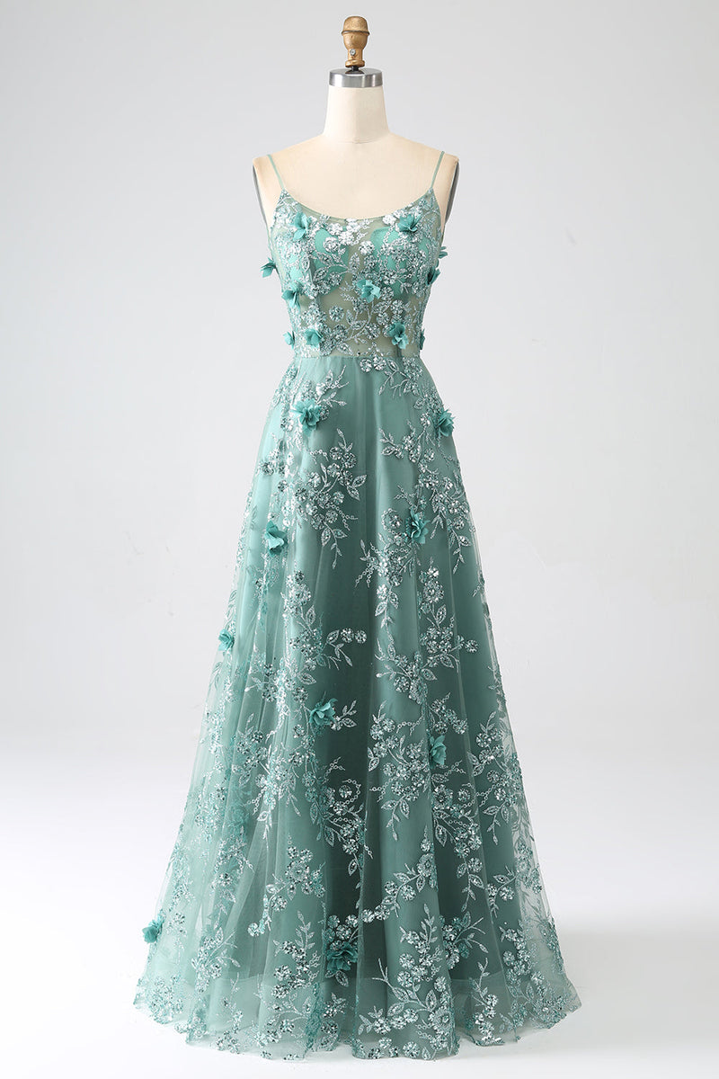 Load image into Gallery viewer, Glitter Grey Green Lace Flower Long Corset Prom Dress