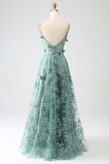 Glitter Grey Green Lace Flower Long Corset Prom Dress