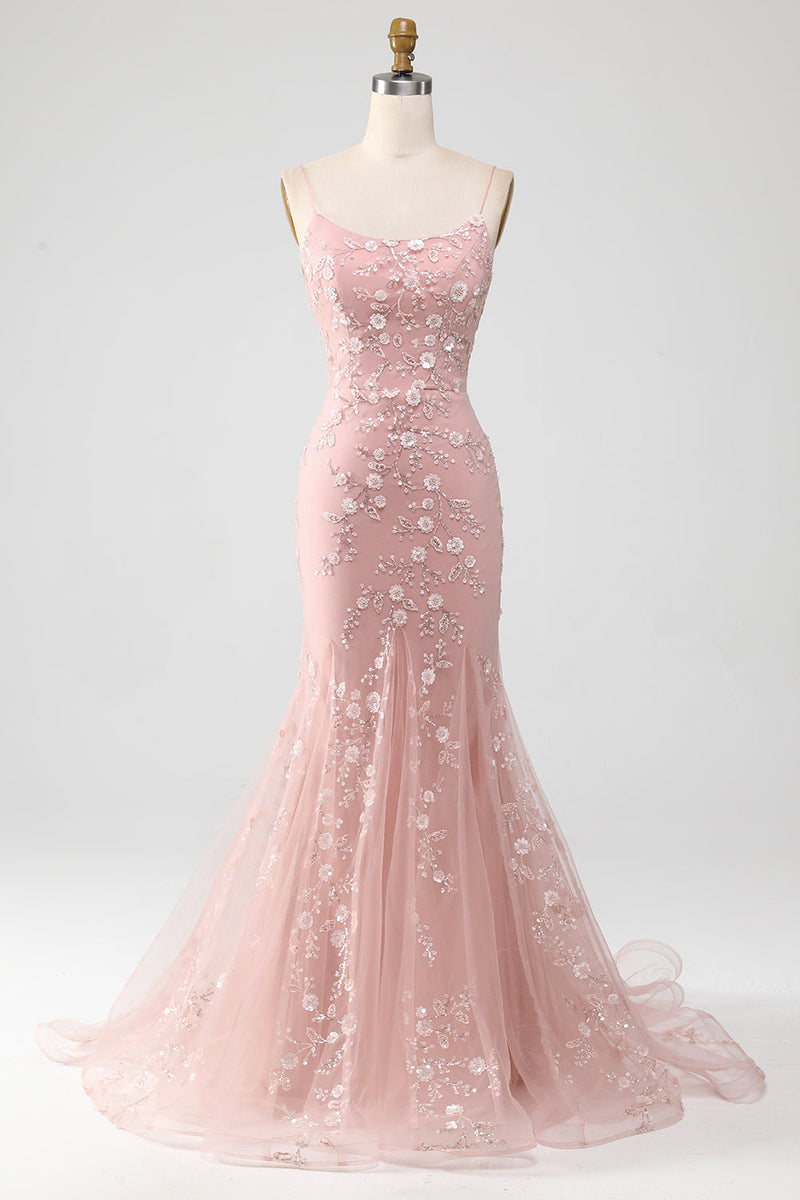 Load image into Gallery viewer, Mermiad Blush Spaghetti Straps Prom Dress with Appliques