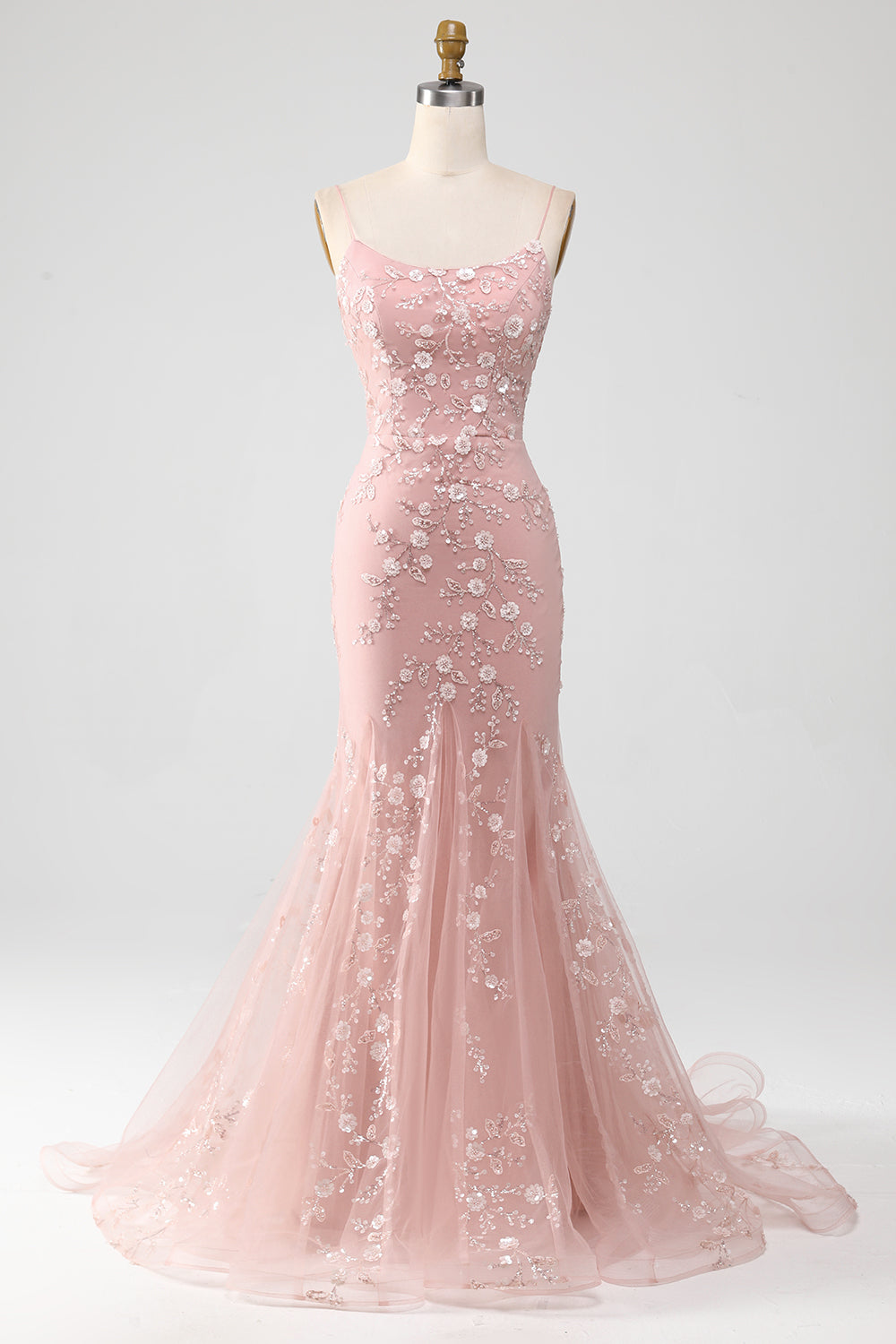 Mermiad Blush Spaghetti Straps Prom Dress with Appliques