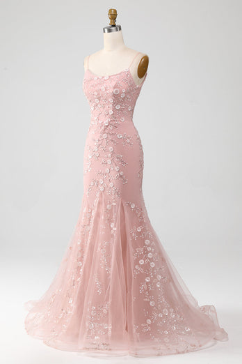 Mermiad Blush Spaghetti Straps Prom Dress with Appliques