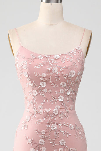 Mermiad Blush Spaghetti Straps Prom Dress with Appliques