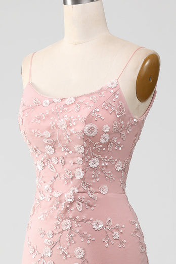 Mermiad Blush Spaghetti Straps Prom Dress with Appliques