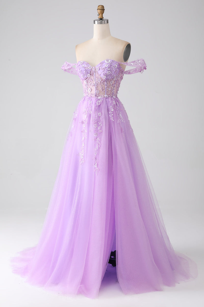 Load image into Gallery viewer, Lilac A-Line Off The Shoulder Beaded Corset Prom Dress