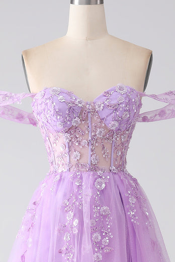 Lilac A-Line Off The Shoulder Beaded Corset Prom Dress