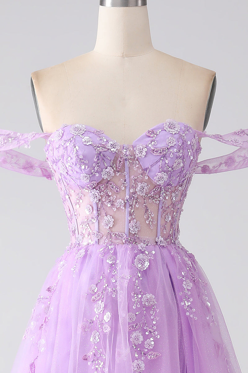 Load image into Gallery viewer, Lilac A-Line Off The Shoulder Beaded Corset Prom Dress