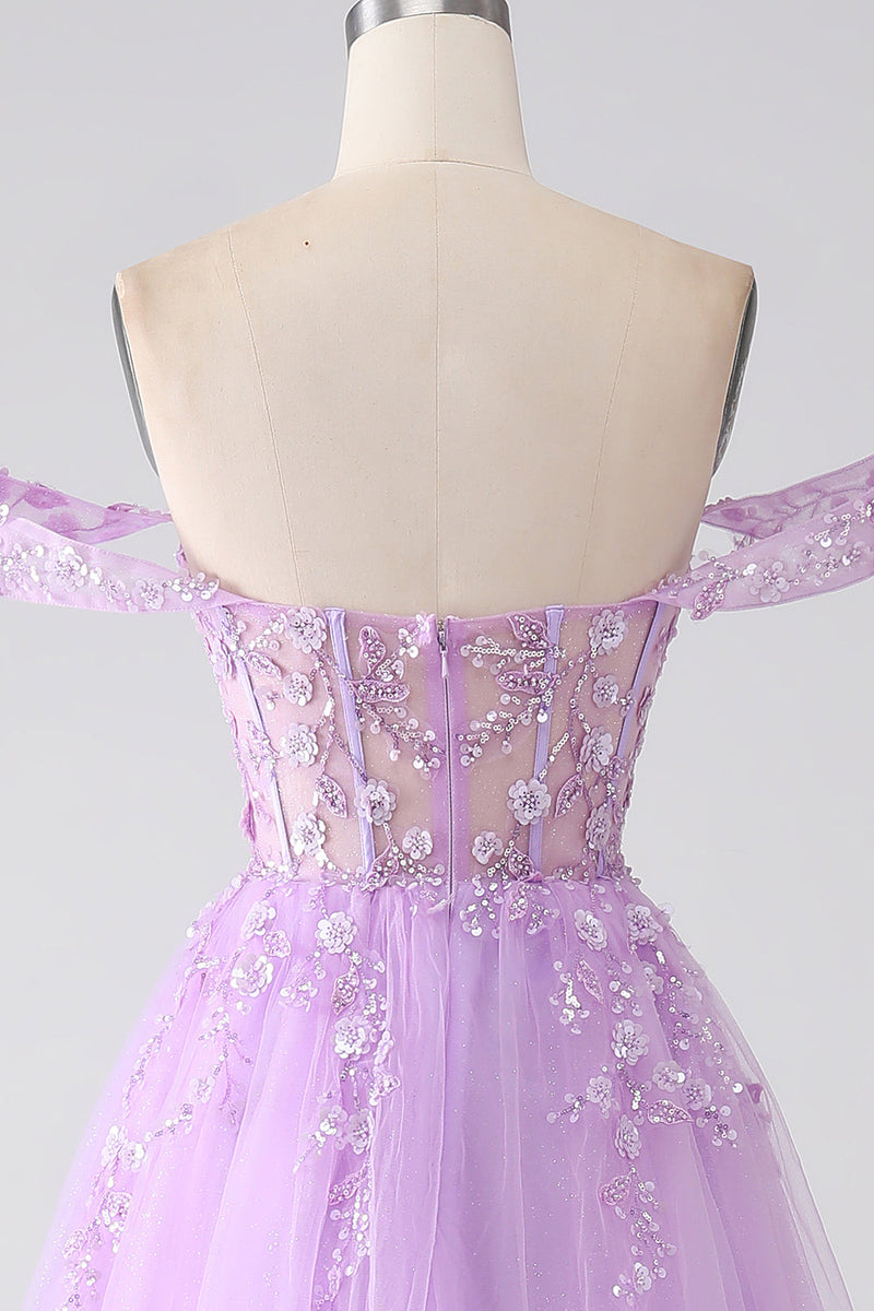 Load image into Gallery viewer, Lilac A-Line Off The Shoulder Beaded Corset Prom Dress