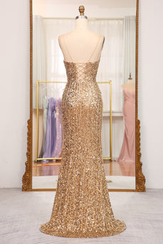 Sparkly Golden Sequins Mermaid Long Prom Dress With Slit