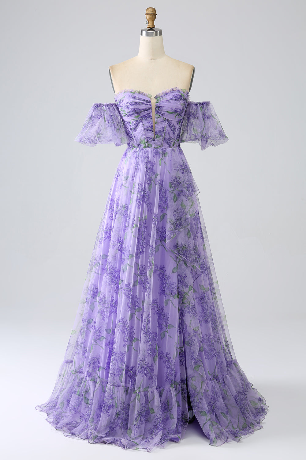 Printed Lavender Off the Shoulder A line Prom Dress with Removable Sleeves