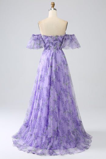 Printed Lavender Off the Shoulder A line Prom Dress with Removable Sleeves