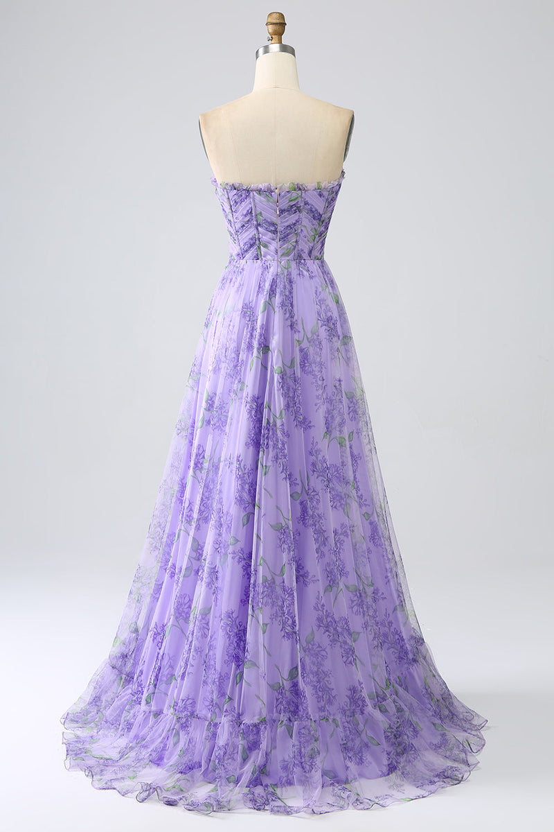 Load image into Gallery viewer, Printed Lavender Off the Shoulder A line Prom Dress with Removable Sleeves