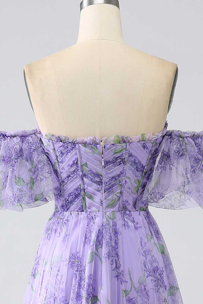 Load image into Gallery viewer, Printed Lavender Off the Shoulder A line Prom Dress with Removable Sleeves