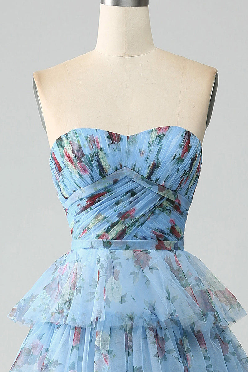 Load image into Gallery viewer, Off the Shoulder Floral Printed Tiered Prom Dress with Pleated